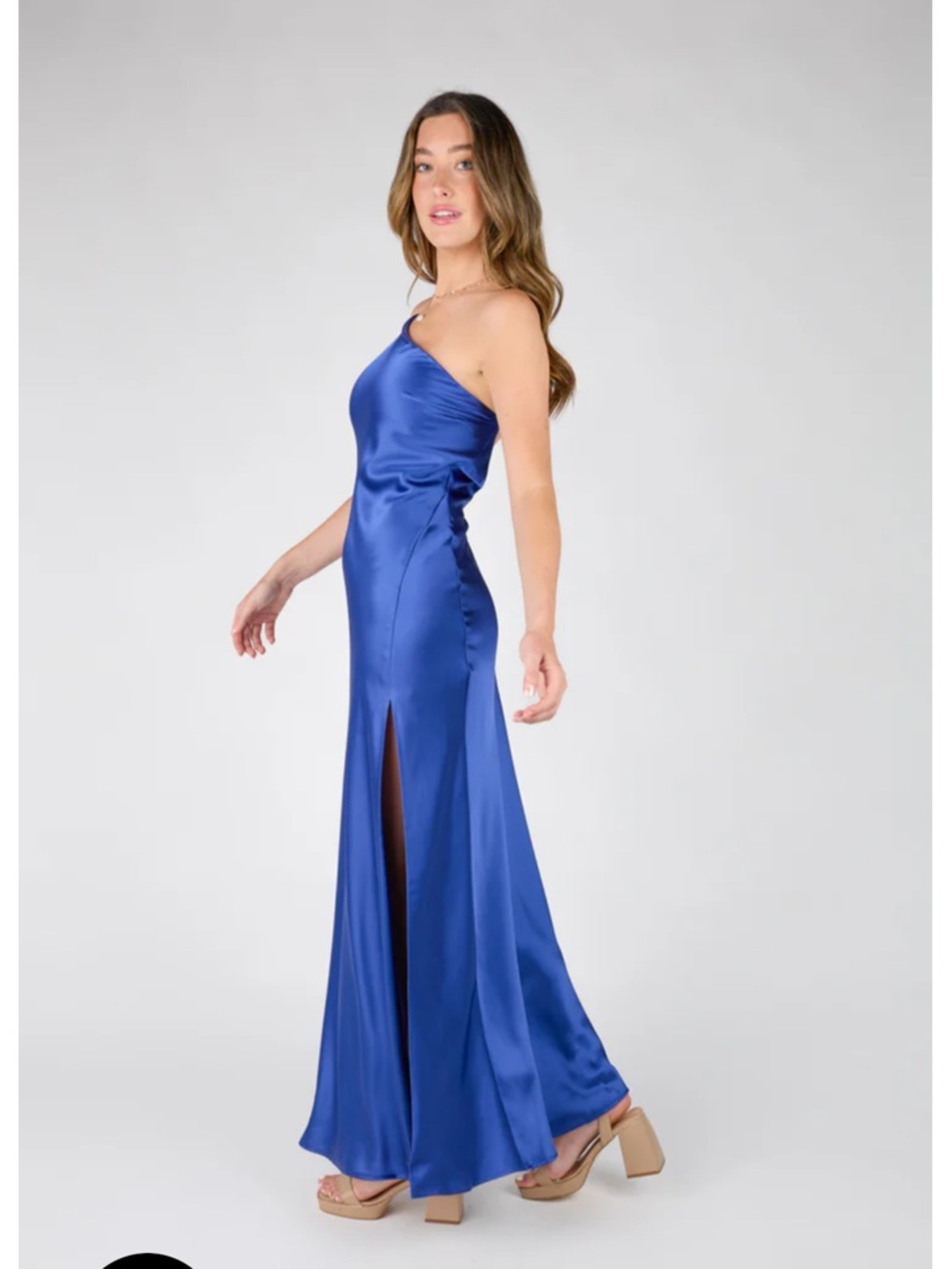 Vestique Royal Blue One-Shoulder Satin Gown with Front Slit